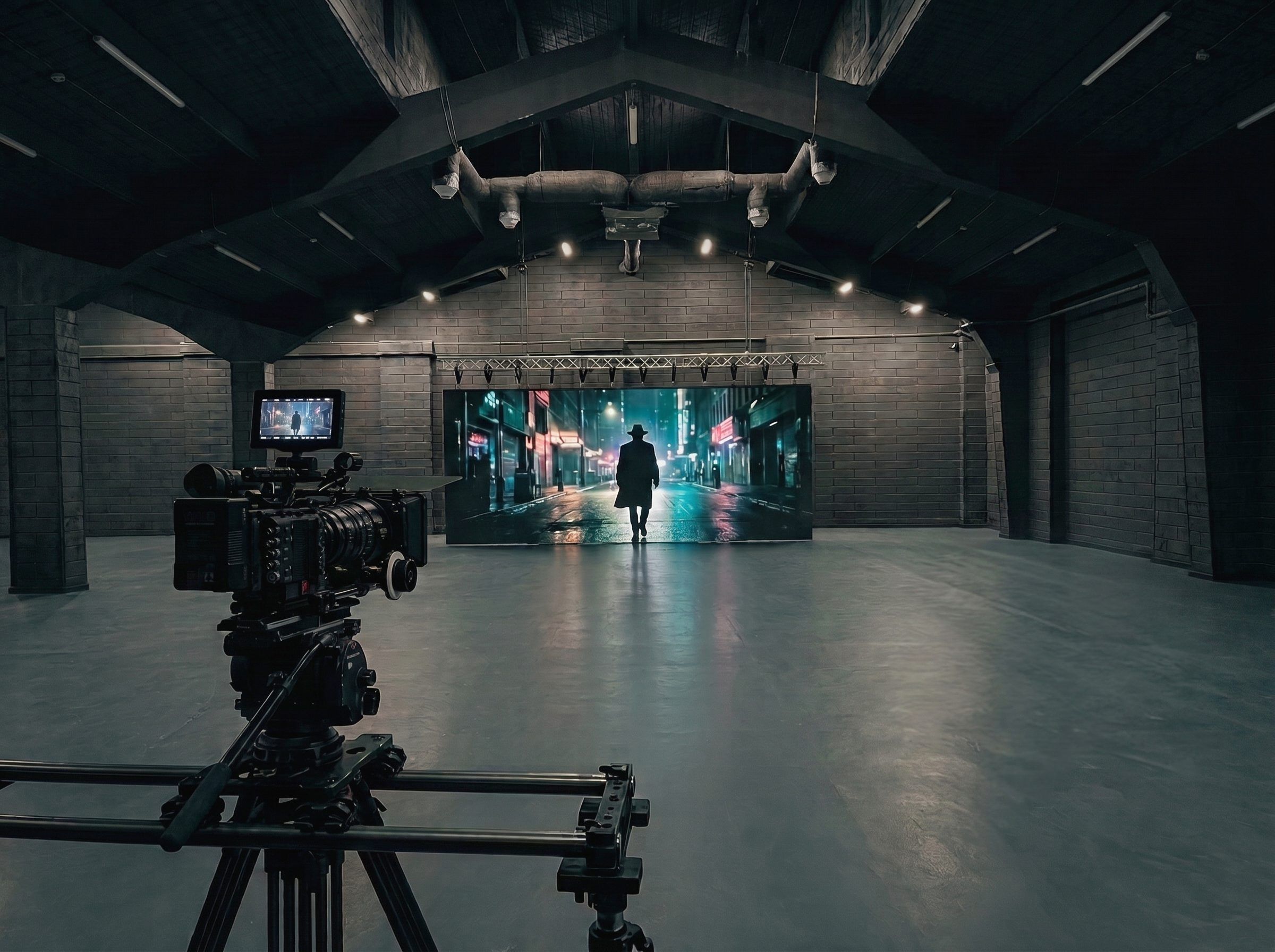 Ecran LED pe platoul RED Studio cu cameră pe slider în prim-plan, București